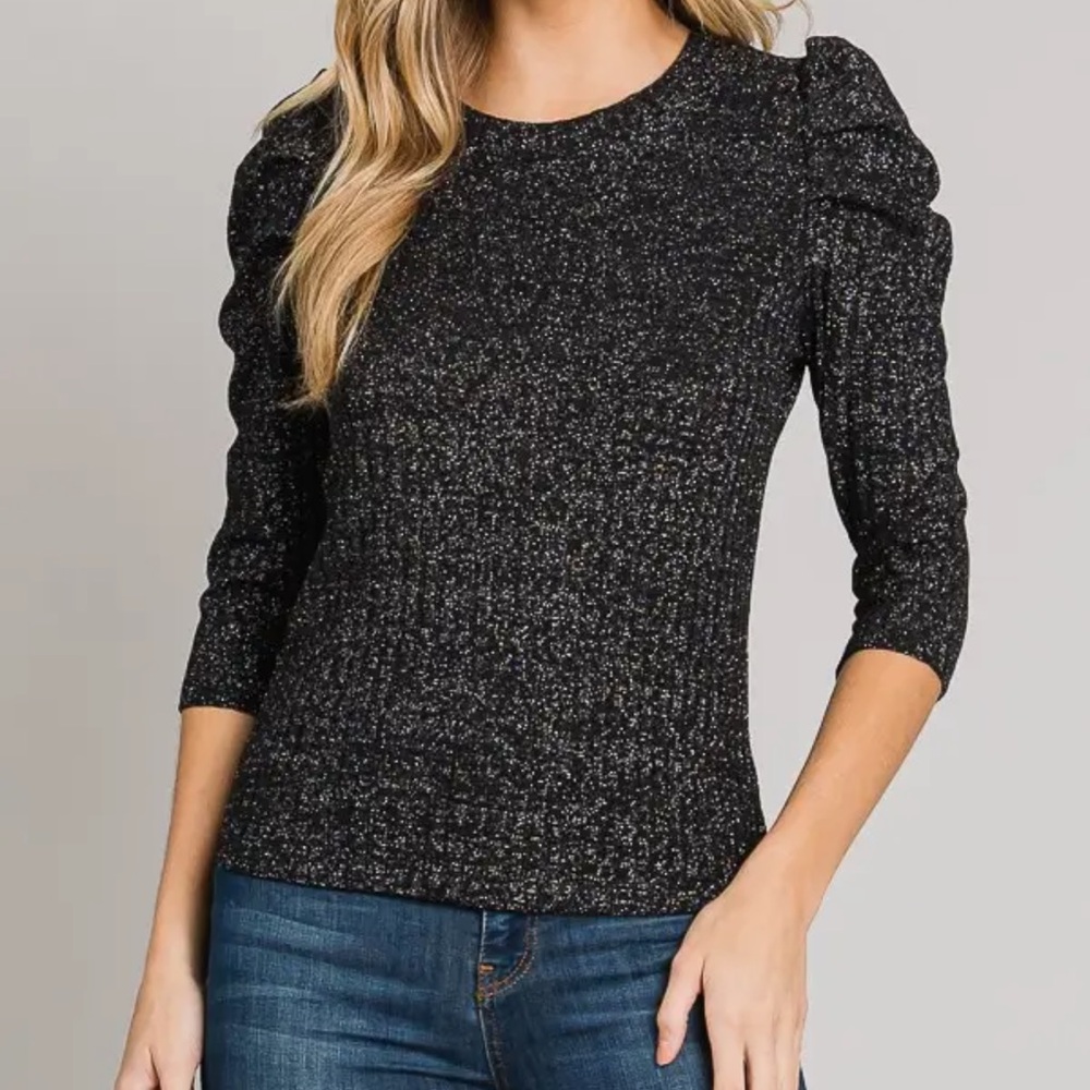 ShopEvelynne Black Metallic Knit Puff Sleeve Top